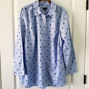 Talbots Plus Women's Ladies Blue Polka Dot Long Sleeve Half Button Top 1X Cotton